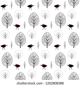 Cute baby bird in forest seamless pattern on white background. Walking bird in park vector illustration for kids. Child drawing style animal. Design for fabric, wallpaper, textile and decor.
