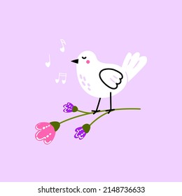 Cute baby bird standing on a twig and singing a lovely song. Hand drawn doodle illustration for kids prints and posters, textile. Kawaii vector illustration on pink background