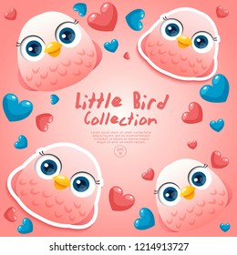 Cute Baby Birds Surrounding with Hearts : Vector Illustration