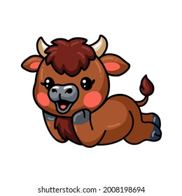 Cute baby bison cartoon laying down