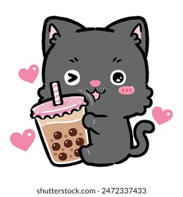 Lindo bebé gato negro abrazando té de leche Boba. Dibujos animados estilo Kawaii