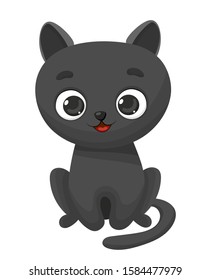 Cute baby black cat isoltated on white background. Vector illustration of kitty with big eyes