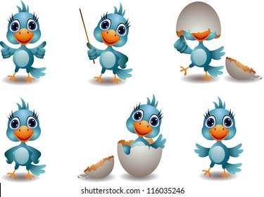 cute baby blue bird cartoon set