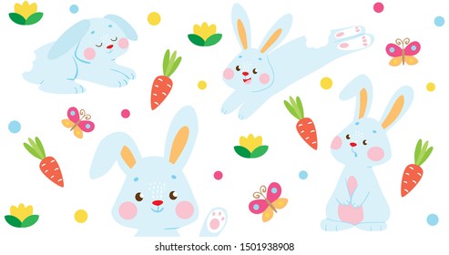 Cute baby blue bunnies pattern with carrots and butterflies.