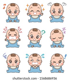 Cute baby in blue clothes.He has various facial expressions.