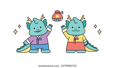 Cute baby blue dragon character. A blue dragon couple wearing traditional Korean costumes is greeting them. 2024 New Year greetings. outline simple vector illustration.