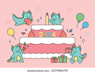 Carácter lindo de dragón azul. Torta de celebración 2024. Saludos de Año Nuevo 2024. ilustración simple del vector de esquema.