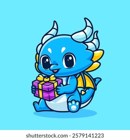 Cute Baby Blue Dragon Holding Gift Box Cartoon Vector Icon Illustration. Animal Holiday Icon Concept Isolated Premium Vector. Flat Cartoon Style