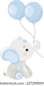 Cute baby blue elephant holding a balloon
