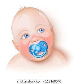Cute baby with blue pacifier in mouth