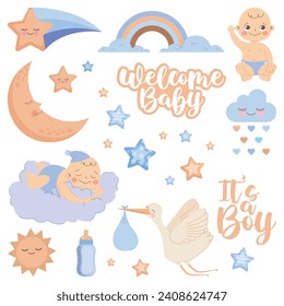 lindo set azul bebé. ilustración vectorial