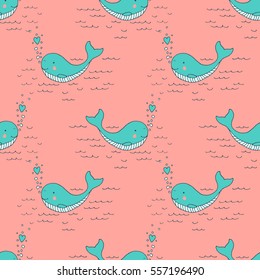 Cute baby blue whale with hearts - vector hand drawn seamless pattern. Childish kawaii style sketch with small animal. Valentines day romantic wallpaper