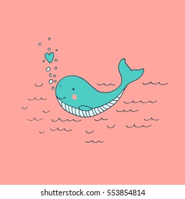 Cute baby blue whale in love with hearts - vector hand drawn illustration. Childish kawaii style sketch with small animal. Valentines day romantic greeting card