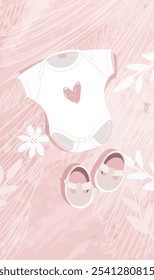 Lindo traje de bebé y zapatos recién nacidos sobre fondo rosa moderno, embarazo, maternidad y concepto de la infancia tarjeta plana dibujada a mano con lugar para texto. Vector.