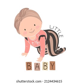 Cute baby in a bodysuit and panties is crawling. Vector illustration of a baby 1-12 months old. African american children. Little baby card.