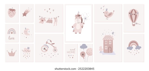 Cute baby boho nursery poster set. Chilrens hand drawn cartoon graphic in pastel color. Unicorn, rainbow, balloons, sweet home, crown, hot air balloon, baby clothes. Vector illustration.
