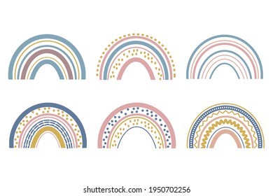 Cute baby boho rainbow set in scandinavian style, lovely decoration isolated on white background. Pastel colors, baby shower, nursery. 