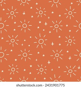 Cute baby boho seamless pattern with simple sun and star. Bohemian baby seamless pattern. Soft colors surface design for kids fabric and nursery decor. Gender neutral design. Vector Illustration