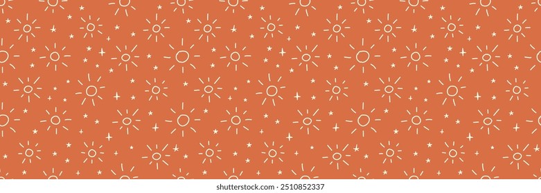 Cute baby boho seamless pattern with simple sun and star. Bohemian baby seamless pattern. Soft colors surface design for kids fabric and nursery decor. Gender neutral design. Vector Illustration