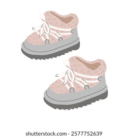 Cute baby booties. Winter season warm shoes footgear for children to protect legs from cold weather.  Isolated vector illustration on a white background.