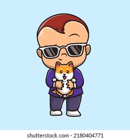 Cute Baby Bos Holding Shiba Inu Dog Cartoon Vector Icon Illustration. People Animal Icon Concept Isolated Premium Vector. Flat Cartoon Style