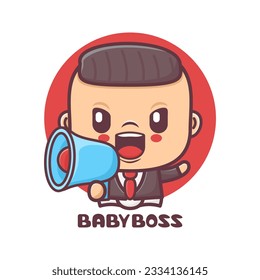 cute baby boss cartoon with megaphone. vector illustration, mascot, icon, sticker.