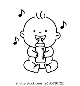 Cute Baby with Bottle vector image, Linear Outline Baby Image Vector, Adorable Baby holding Milk Bottle icon vector, Child, Kids, Family, Baby Pattern Vector.
