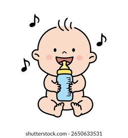 Cute Baby with Bottle vector image, Linear Outline Baby Image Vector, Adorable Baby holding Milk Bottle icon vector, Child, Kids, Family.