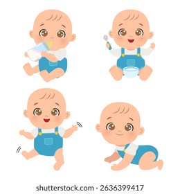 Cute baby boy activity drinking, eating, walking, crawling clipart