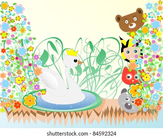 cute baby boy and animals viewing duck with crown background. vector