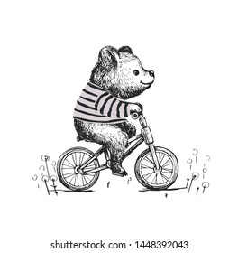 Cute baby boy bear riding a bicycle . Animal illustration. Can be used for kid's or baby's shirt design. fashion print design, fashion graphic, t-shirt, kids wear