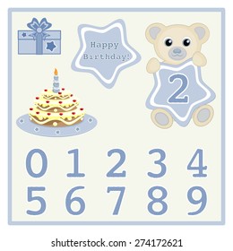 Cute baby boy bears vector illustration with star and numbers symbol Birthday cake and candle vector Cartoon baby animal vector Happy birthday newborn announcement Baby boy birthday card Gift card