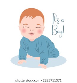 Cute baby boy in blue clothes, newborn baby boy. Children's card, print, illustration, vector