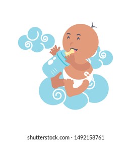 cute baby boy with bottle milk and clouds