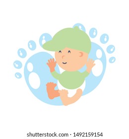 cute baby boy with cap and footprints decoration