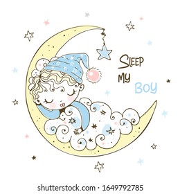 Cute baby boy in a cap sleeping on the moon . Vector.