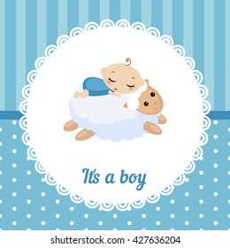 Cute baby boy card. Vector illustration of a baby sleeping on the lamb.