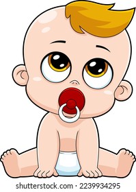 Cute Baby Boy Cartoon Character Sitting With Pacifier In Mouth And Diapers. Vector Hand Drawn Illustration Isolated On Transparent Background