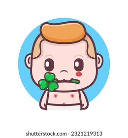 cute baby boy cartoon with clover leaves. vector illustration, mascot, icon, sticker.