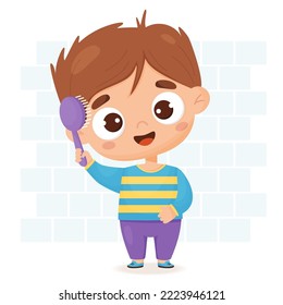 Cute baby boy combing her hair with comb. Care and beauty concept. Vector illustration in cartoon style for design, decor, print and kids collection, postcards