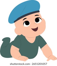 Bebê bonito Rastejando boina azul, feliz Dia das Forças Armadas