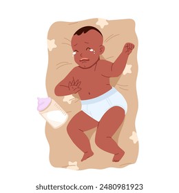 Cute baby boy crying, babysitting problem. Sad newborn kid in shirt and diapers lying on blue pillow in cradle to cry, top view of exhausted child with with tears on face cartoon