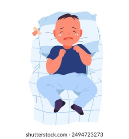 Cute baby boy crying, babysitting problem. Sad newborn kid in shirt and diapers lying on blue pillow in cradle to cry, top view of exhausted child with with tears on face cartoon vector illustration