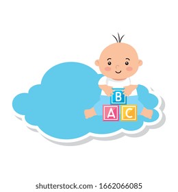 cute baby boy with cubes toy in cloud vector illustration design