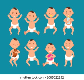 Cute baby boy in diaper. Infant with different emotions cartoon vector characters set. Illustration of little newborn childhood, expression baby