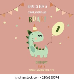 Cute baby boy dinosaur. Birthday invitation. 1year