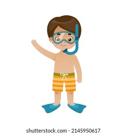 Cute baby boy diver. Cartoon child standing in snorkeling mask and flippers. Adorable kid.