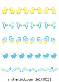Cute baby boy divider set including  carriage, safety pins, pacifier, duck , pacifier isolated on white background.
