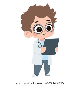 Cute baby boy in doctor costume holding a tablet. Flat vector illustration in simple child style on white background