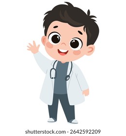 Cute baby boy in doctor costume waving his hand. Flat vector illustration in simple child style on white background